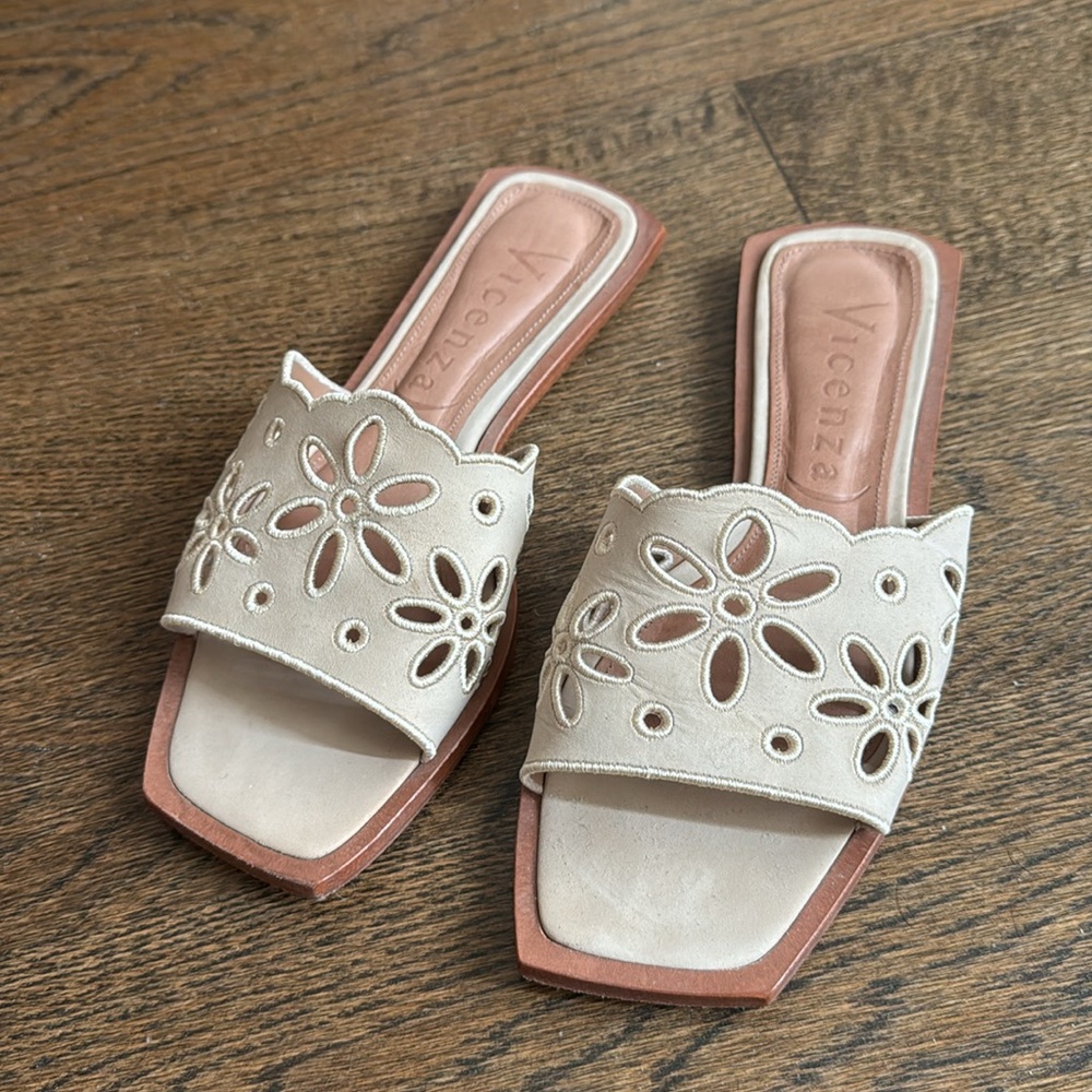Anthropologie Cream Eyelet Cutout Slide Sandals